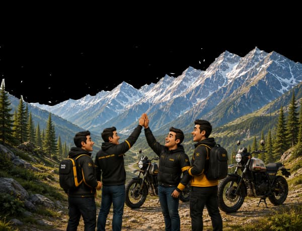 Riders high-fiving beside a motorcycle in the mountains