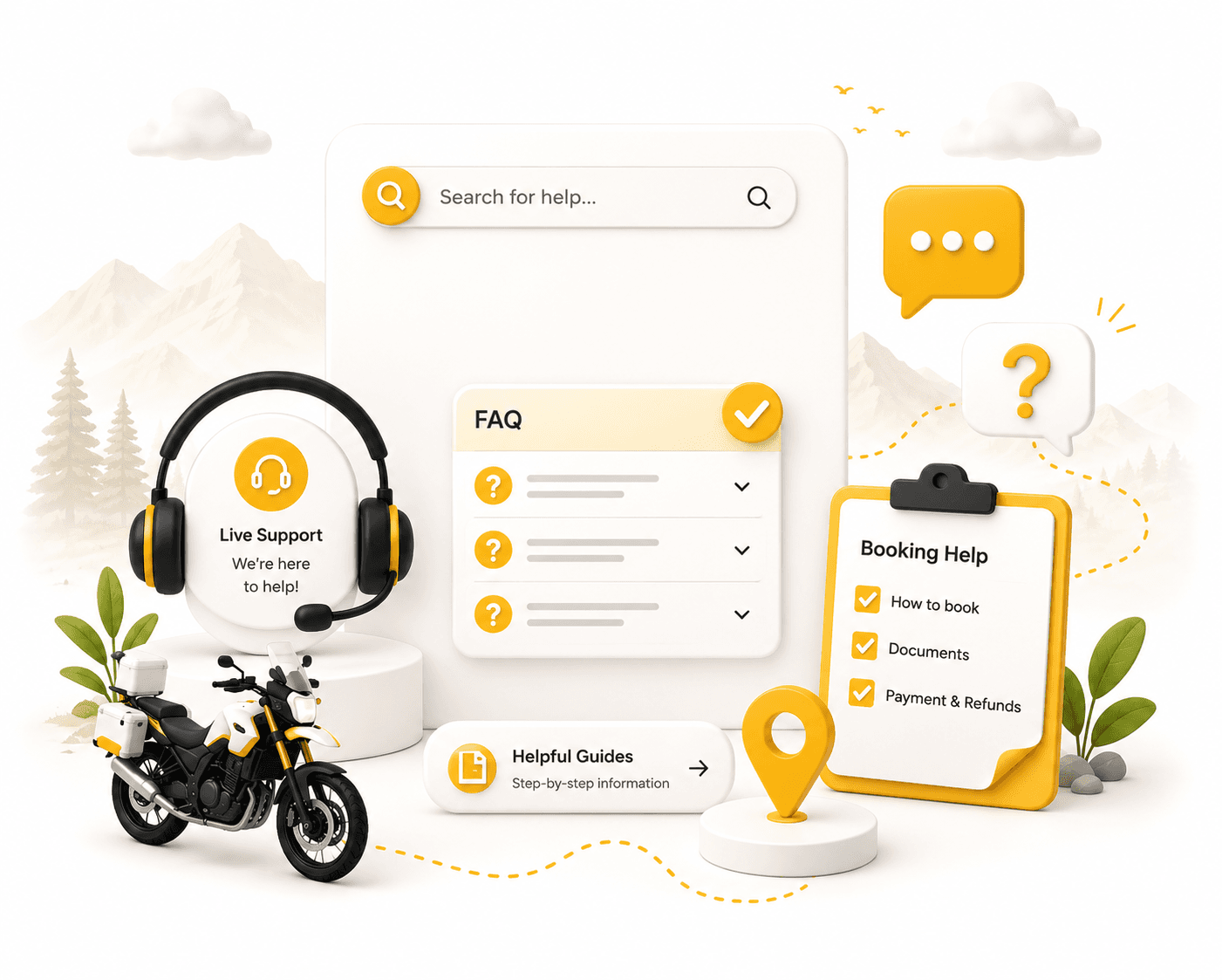 Help and support illustration with search, FAQ, live support, and booking help